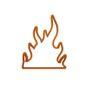 May include: A three-dimensional, orange-brown flame outline, likely a cookie cutter, against a white background. The flame has a stylized, curved shape with multiple peaks and a flat base. The edges are rounded, giving it a smooth appearance.