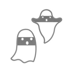 May include: Two gray ghost-shaped cookie cutters. Each cutter has a horizontal band with three circular cutouts for eyes and mouth. The ghost shapes are outlined in gray, with a white interior.
