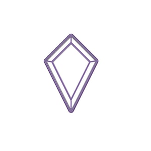 May include: A purple diamond-shaped cookie cutter with a double outline. The cutter is made of plastic and is set against a white background. The design is simple and geometric.