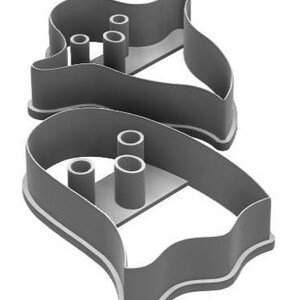 May include: Two gray cookie cutters in a fish shape, with three cylindrical cutouts. The cutters have a wavy outline and a white accent along the edge. The cutters are designed for baking and creating fish-shaped cookies.