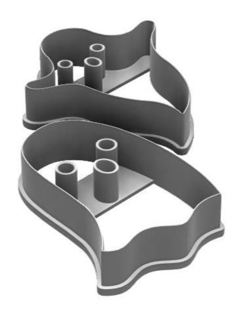 May include: Two gray cookie cutters in a fish shape, with three cylindrical cutouts. The cutters have a wavy outline and a white accent along the edge. The cutters are designed for baking and creating fish-shaped cookies.