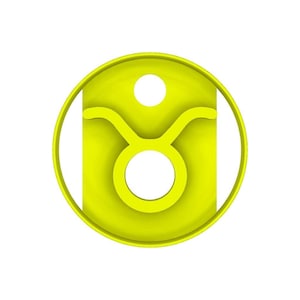May include: A bright yellow Taurus zodiac symbol, featuring the bull's horns and a circular design. The symbol is set within a circle and a rectangular shape, with a small hole at the top. The design is simple and modern.