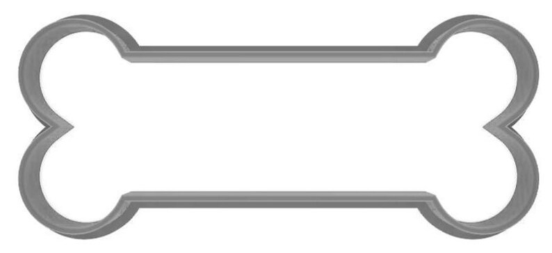 May include: A gray, bone-shaped cookie cutter. The cutter has rounded ends and a rectangular center. This kitchen tool is designed for cutting out dog bone-shaped cookies or treats. The cutter is made of metal.