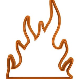 May include: An orange-brown flame-shaped cookie cutter. The cutter has a detailed outline of a flame with a flat base. The design is suitable for baking themed cookies or other treats.