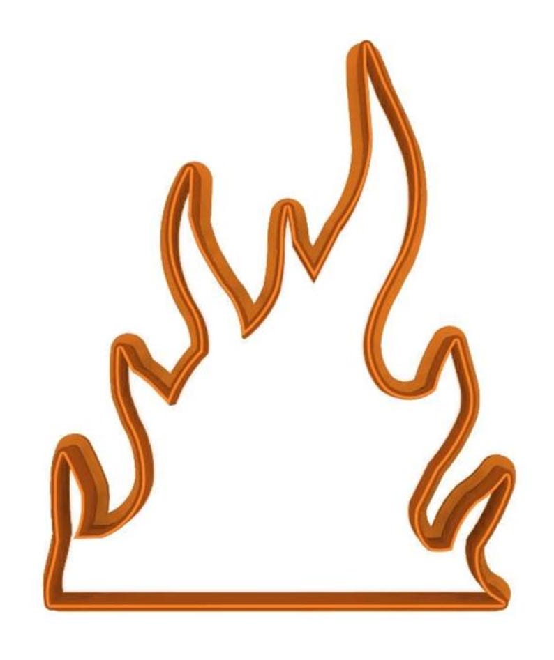 May include: An orange-brown flame-shaped cookie cutter. The cutter has a detailed outline of a flame with a flat base. The design is suitable for baking themed cookies or other treats.