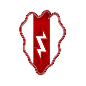 May include: A red and white cookie cutter in the shape of a shield with a lightning bolt design. The lightning bolt is white and outlined in red, set against a red vertical stripe. The outer edge of the shield is also red.