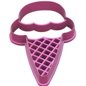 May include: A pink plastic cookie cutter in the shape of an ice cream cone. The top portion is a scoop of ice cream with a scalloped edge, and the bottom is a waffle cone with a grid pattern.