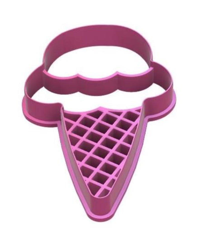 May include: A pink plastic cookie cutter in the shape of an ice cream cone. The top portion is a scoop of ice cream with a scalloped edge, and the bottom is a waffle cone with a grid pattern.