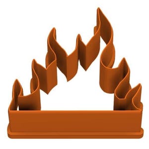 May include: An orange plastic flame-shaped cookie cutter. The cutter has a rectangular base with upward curving flame shapes. The design is a single piece of plastic, ideal for creating fire-themed cookies or decorations.