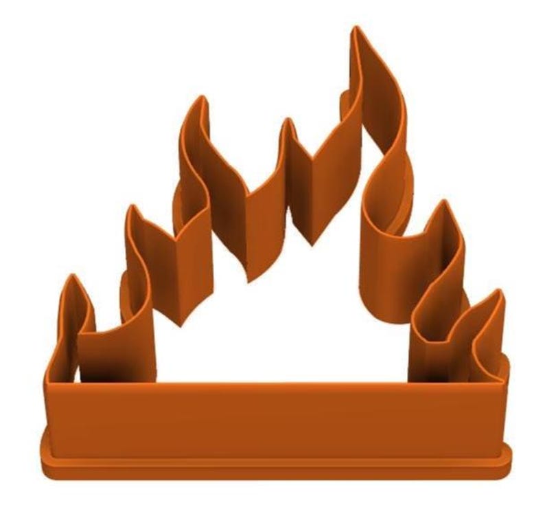 May include: An orange plastic flame-shaped cookie cutter. The cutter has a rectangular base with upward curving flame shapes. The design is a single piece of plastic, ideal for creating fire-themed cookies or decorations.