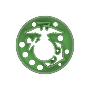 May include: A green circular emblem with a white eagle, anchor, and globe design. The emblem has a grey border and white circular accents. The design is a symbol of the United States Marine Corps.