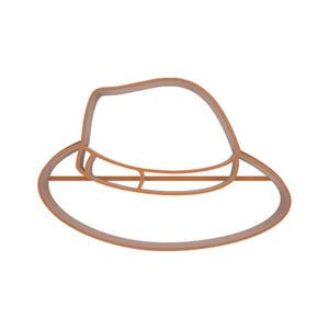 May include: A copper-coloured fedora hat-shaped cookie cutter. The cutter has a wide brim and a creased crown, with a band detail. The design is simple and clean, perfect for creating themed biscuits or fondant decorations.