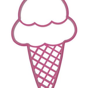 May include: A pink ice cream cone-shaped cookie cutter. The top portion is a scoop of ice cream with a scalloped edge, and the bottom is a waffle cone design. The cutter is made of metal and has a smooth finish.