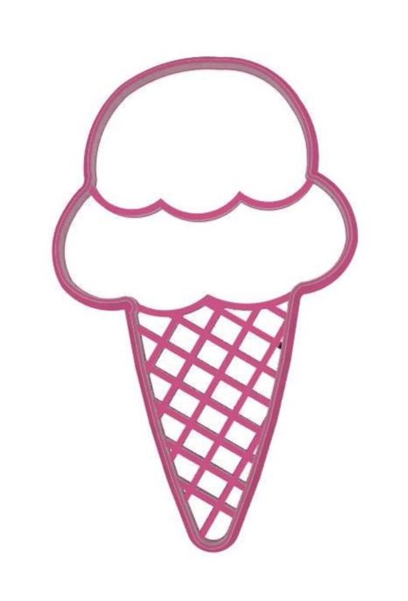 May include: A pink ice cream cone-shaped cookie cutter. The top portion is a scoop of ice cream with a scalloped edge, and the bottom is a waffle cone design. The cutter is made of metal and has a smooth finish.