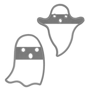May include: Two gray ghost-shaped cutouts. Each cutout has a white body, a gray band across the middle, and three circular holes for eyes and mouth. The top of each ghost has a loop.