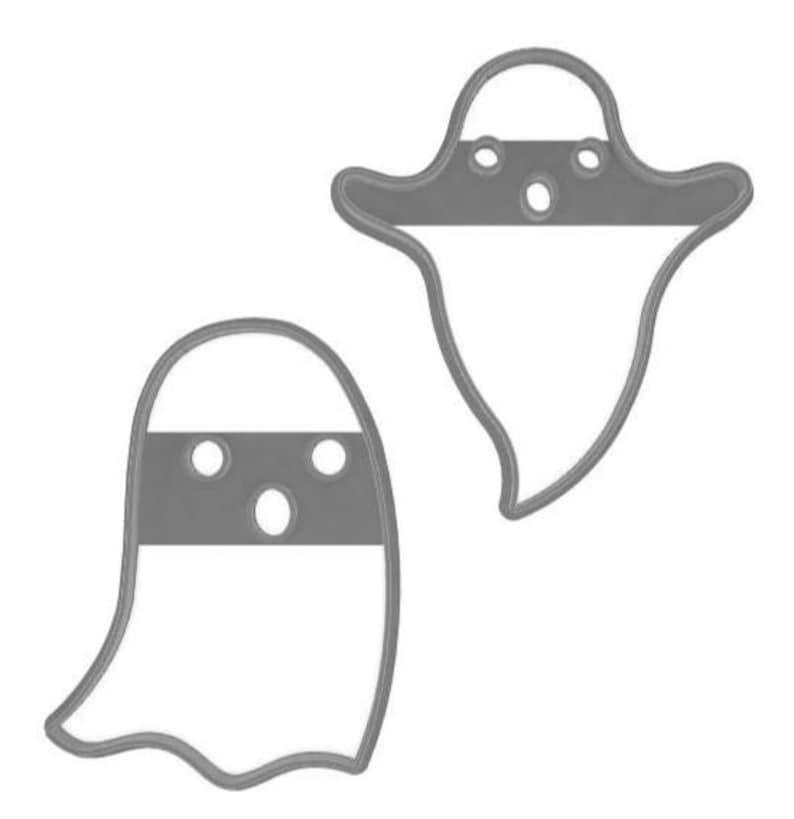 May include: Two gray ghost-shaped cutouts. Each cutout has a white body, a gray band across the middle, and three circular holes for eyes and mouth. The top of each ghost has a loop.