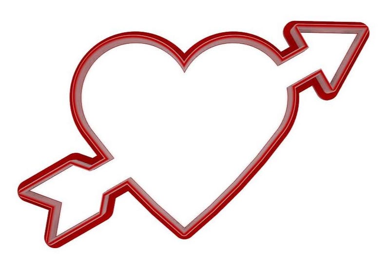 May include: A red heart shape pierced by an arrow, creating a Valentine's Day or romantic theme. The arrow passes through the center of the heart. The design is a simple outline, perfect for crafting or decorations.