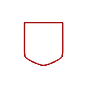 May include: A red shield-shaped outline on a white background. The shield has a rounded bottom and straight sides, with a thin, consistent red border. The design is simple and graphic.