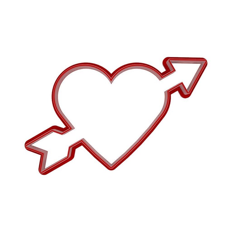 May include: A red heart shape pierced by an arrow, creating a Valentine's Day or love-themed design. The heart and arrow are outlined in a bold red against a white background. This image is suitable for cookie cutters or craft projects.
