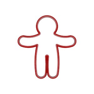 May include: A red metal gingerbread man cookie cutter. The cutter is in the shape of a person with arms outstretched and legs together. The cutter is made of a shiny, smooth metal and is set against a white background.