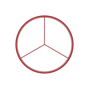 May include: A red, semi-transparent circle divided into three equal sections by straight lines. The design is centered on a white background. The lines intersect at the center of the circle, creating a pie-like appearance.
