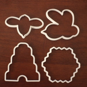 Queen Bee, Worker Bee, Beehive, and Honeycomb Set of four cookie and fondant cutters