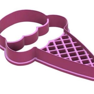 May include: A magenta-colored ice cream cone cookie cutter. The cutter features a scoop of ice cream and a waffle cone design. The outline is a solid magenta color, perfect for creating fun treats.