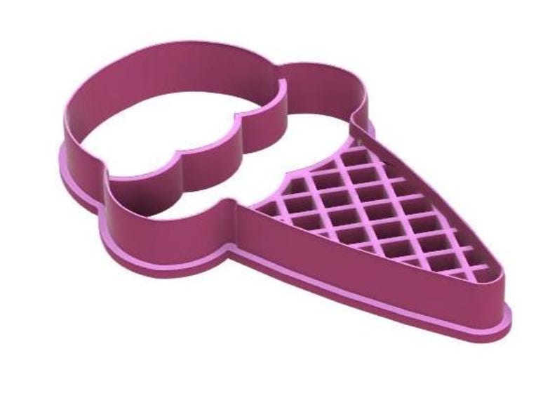 May include: A magenta-colored ice cream cone cookie cutter. The cutter features a scoop of ice cream and a waffle cone design. The outline is a solid magenta color, perfect for creating fun treats.
