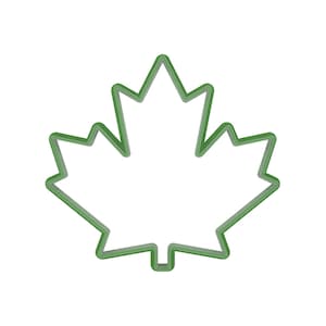 May include: A green outline of a maple leaf on a black background. The leaf shape is a symbol of Canada, with a detailed, jagged edge design. The image is a simple, graphic representation.