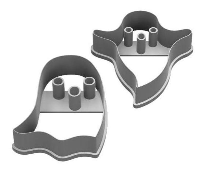 May include: Two gray ghost-shaped cookie cutters. Each cutter has a rounded top, a wavy bottom, and three cylindrical supports. The edges are outlined in white. These cutters are ideal for Halloween-themed baking.
