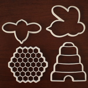 Queen Bee, Worker Bee, Beehive, and Honeycomb Set of four cookie and fondant cutters