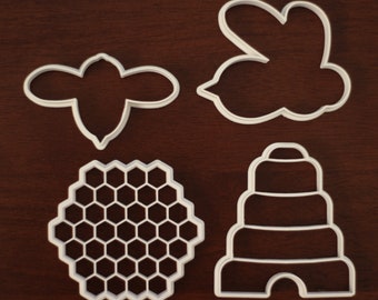 Queen Bee, Worker Bee, Beehive, and Honeycomb Set of four cookie and fondant cutters