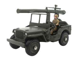 1960s Vintage French Dinky 829 Jeep with Mounted 106SR Gun. Toy Collectible. Made in France.