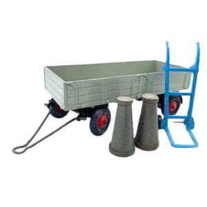 1950s Vintage Dinky 428 Large Grey Trailer with Dinky 107a Sack Truck. Toy Collectible. Made in England