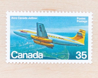 4 Airplane Postage Stamps, Canada Wedding Calligraphy Envelopes, Blue and Green, Yellow, Canadian, Flying, Skies, Planes, Maps