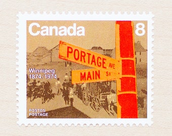8 Winnipeg Postage Stamps, Canada, Canadian, Wedding Calligraphy, Orange, City Street Sign, Manitoba, Beige