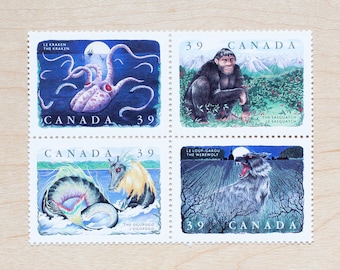 Mythical Creatures Vintage Canada Postage Stamps, Werewolf, Sasquatch, Canada, Calligraphy Envelopes, Ogopogo, Kraken, Folklore