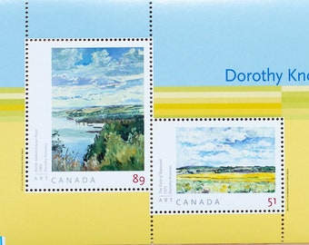 2 Prairie Landscape Canada Postage Stamps, Saskatchewan, Wedding Calligraphy, Letter Writing, Field of Rapeseed, Dorothy Knowles, Art