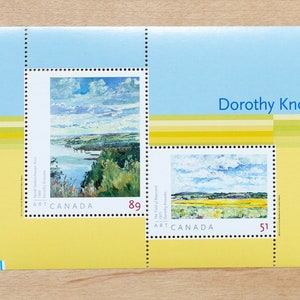 2 timbres-poste du Canada, paysage des prairies, Saskatchewan, calligraphie de mariage, écriture de lettres, champ de colza, Dorothy Knowles, oeuvre d'art