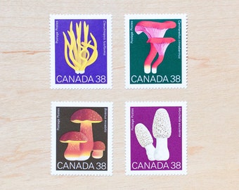 4 Mushroom Postage Stamps, Canada, Botanical Plants, Wedding Calligraphy, Photography Flat Lay, Morel, Chanterelle, Brown, Toadstool