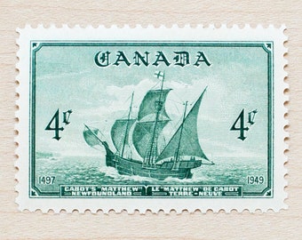 8 Cabot's Ship Postage Stamps, 1949 Newfoundland Boat, Canadian, Canada Wedding Calligraphy, Blackletter, Green