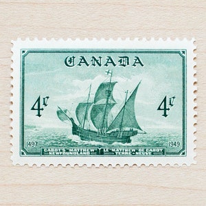 8 sellos postales de barco de Cabot, barco de Terranova de 1949, canadiense, caligrafía de boda de Canadá, letra negra, verde