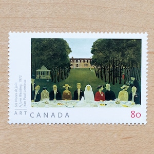 1 timbre-poste de mariage, Canada, Jean Paul Lemieux, enveloppes de calligraphie, canadien, grand, arbres verts, fête, art, couleurs neutres