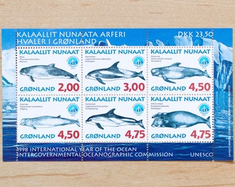 6 Whale Postage Stamps, Greenland, Unused, Ocean, Harbour porpoise, Bottlenose Whales, Wedding Calligraphy, Dolphin