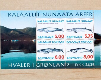4 Whale Postage Stamps, Greenland, Unused, Ocean, Narwhal, Blue Whales, Calligraphy Wedding, Styling Stationary Flat lay