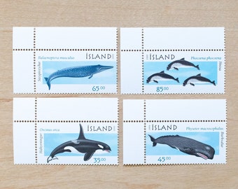 4 Whale Postage Stamps, Iceland, Orca, Dolphin, Wedding Stationery, Styling Calligraphy Envelopes, Oceans, Blue Whales, Harbour porpoise