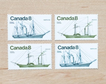 8 Green Sailing Ship Postage Stamps, Canada Wedding Calligraphy, Canadian, Sail Boat, Unused, Neutral Colour, Ships