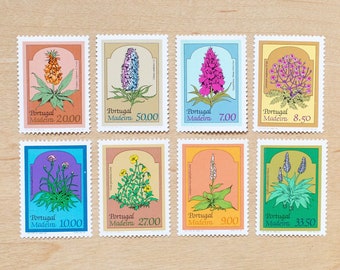 8 Flower Portugal Postage Stamps, Vintage Unused, Bright Colors, Orchid, Violet, Foxglove, Wedding Calligraphy, Botanical, Plants f1