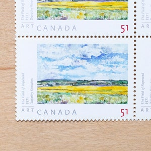 4 timbres-poste de paysage des prairies, Saskatchewan, calligraphie de mariage, écriture de lettres, grand, champ de fleurs, Dorothy Knowles, oeuvre d'art