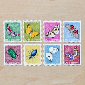 Sellos postales de flores de mariposa, Suiza, Helvética, Boda de caligrafía, Mariposas, Flores, Jardines, Botánico, Insectos, Escarabajos